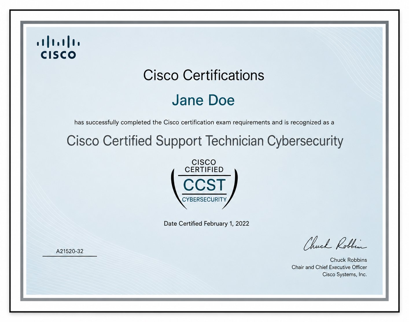 Cisco Certified Support Technician Cybersecurity sample certificate