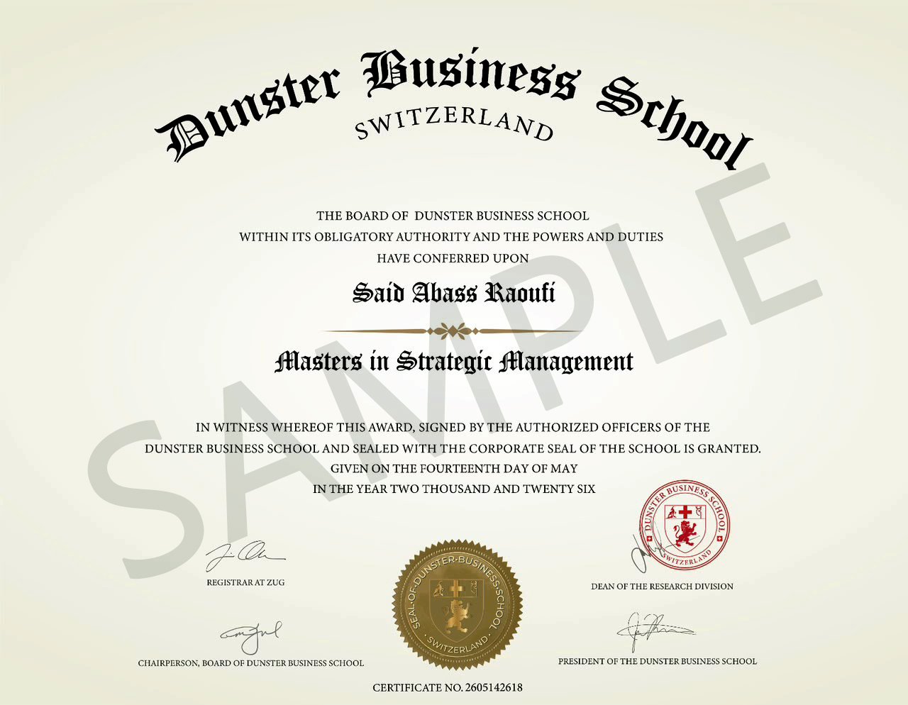 Dunster University certificate