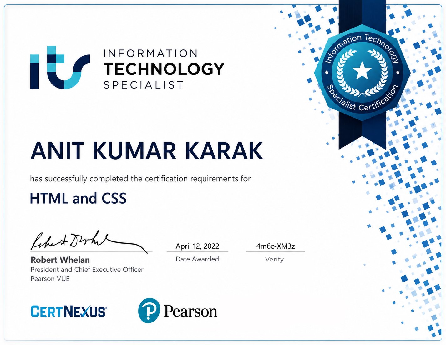 Information Technology Specialist certificate
