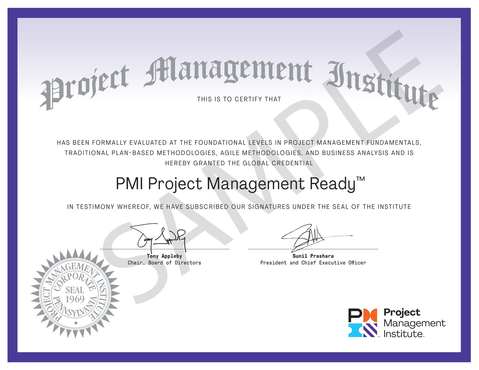 PMI Project Management Ready sample certificate