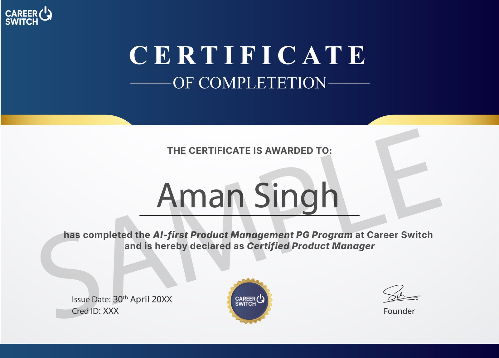 Product Management sample certificate