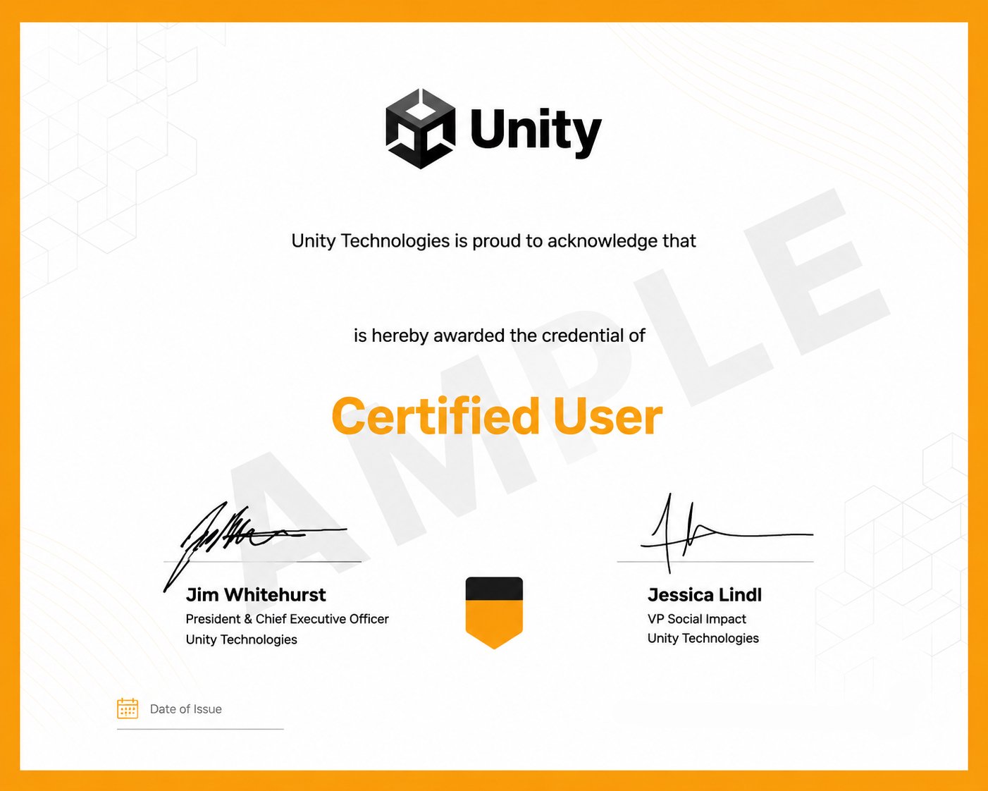Unity Certified User sample certificate